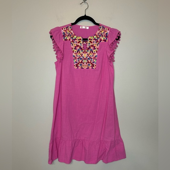 Hot Pink Baby Doll Ruffle Sleeve Embroidered Dress Size S - Picture 4 of 9